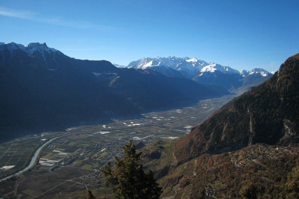 Vallée du Rhône et massif du Mont-Blanc depuis l'Ardève