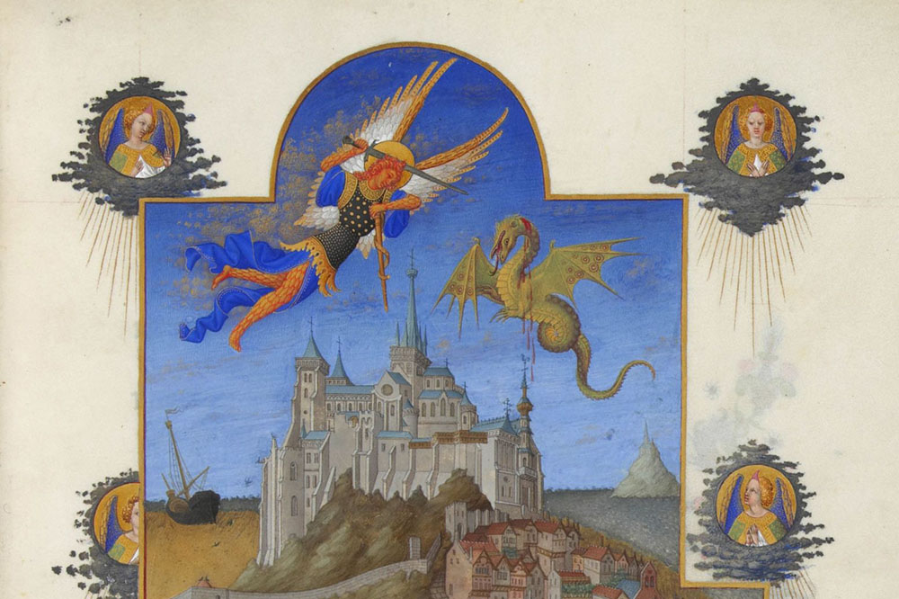 St Michel et le dragon au-dessus du Mont-Saint-Michel («Les Très Riches Heures du duc de Berry», XV e s.)