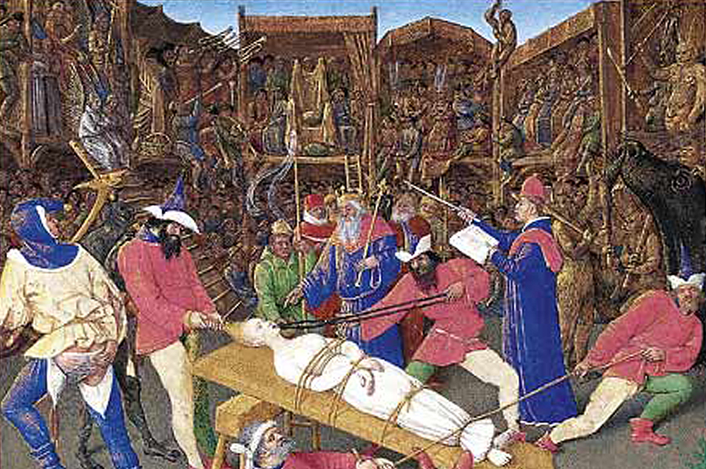 Le martyre de Ste Apolline (Musée Condé-Chantilly,Heures d'Étienne Chevalier, Jean Fouquet, XVe s.)