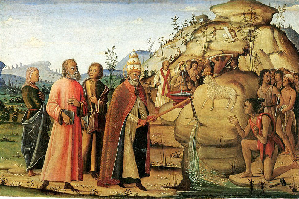 Saint Clément, entouré de mineurs, fait jaillir de l’eau de la roche (Bernardino Fungai, XVI e s.)