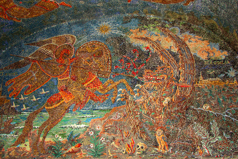 Saint Michel avec le mont Saint-Michel à gauche, et le dragon avec le mont Sainte-Odile à droite (Chapelle des Anges Mont Ste Odile, 1947)