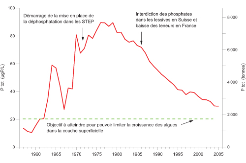 Graphique de l'évolution des phosphates dans le Léman